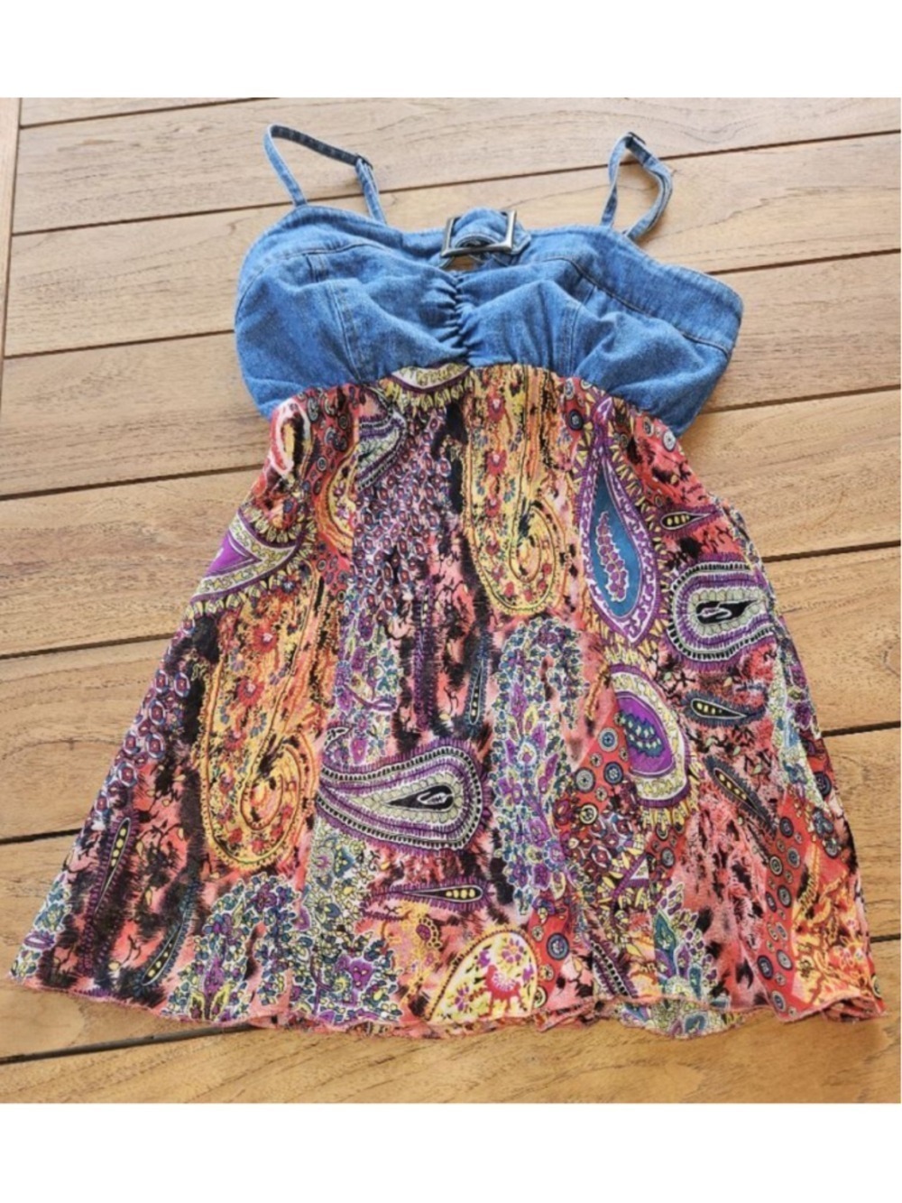 Vintage Y2K Metro Style Stretch Denim Buckle Tank Paisley Printed Scarf Top